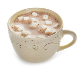 White cup of cacao with zephyr, isolated on white