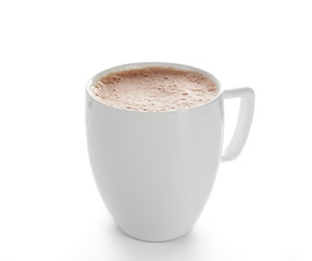 White cup of creamy cacao, isolated on white
