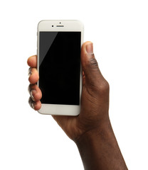 Hand holding mobile smart phone with blank screen, isolated on white