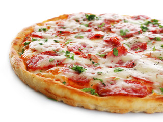 Delicious tasty pizza, isolated on white