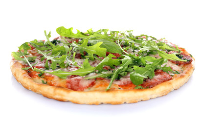 Delicious tasty pizza with arugula, isolated on white