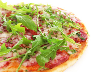 Delicious tasty pizza with arugula, isolated on white