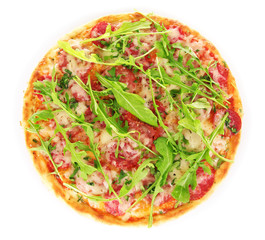 Delicious tasty pizza with arugula, isolated on white
