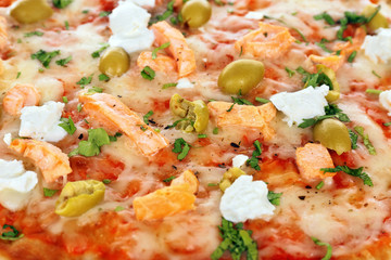 Delicious tasty pizza, closeup