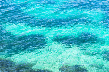 Aerial view at turquoise blue sea water on sunny day