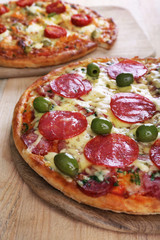 Delicious tasty pizza, closeup
