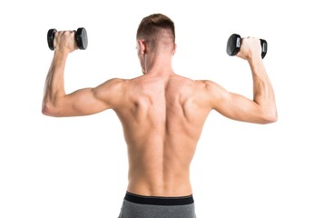 Obraz na płótnie Canvas Blonde man in underwear doing weightlifting