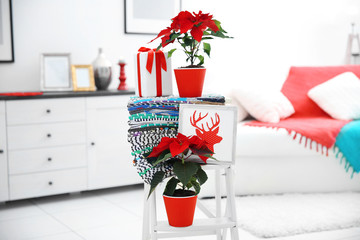 Christmas flower poinsettia and decorations on decorative ladder with Christmas decorations, on light background