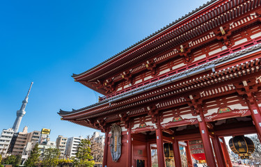 東京　浅草寺　宝蔵門とスカイツリー