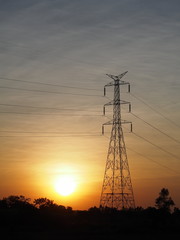 High voltage post and sunset in the evening