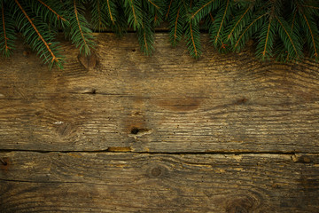 Christmas tree branches on wooden texture