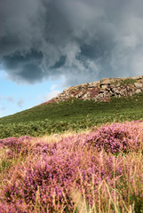 Storm clouds, hill and heather in the Peak District National Park
