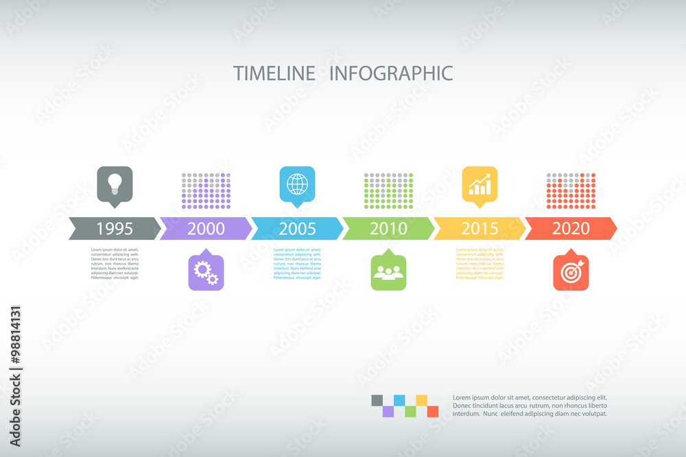 Poster Timeline Infographic with diagrams and text. Vector design template.
