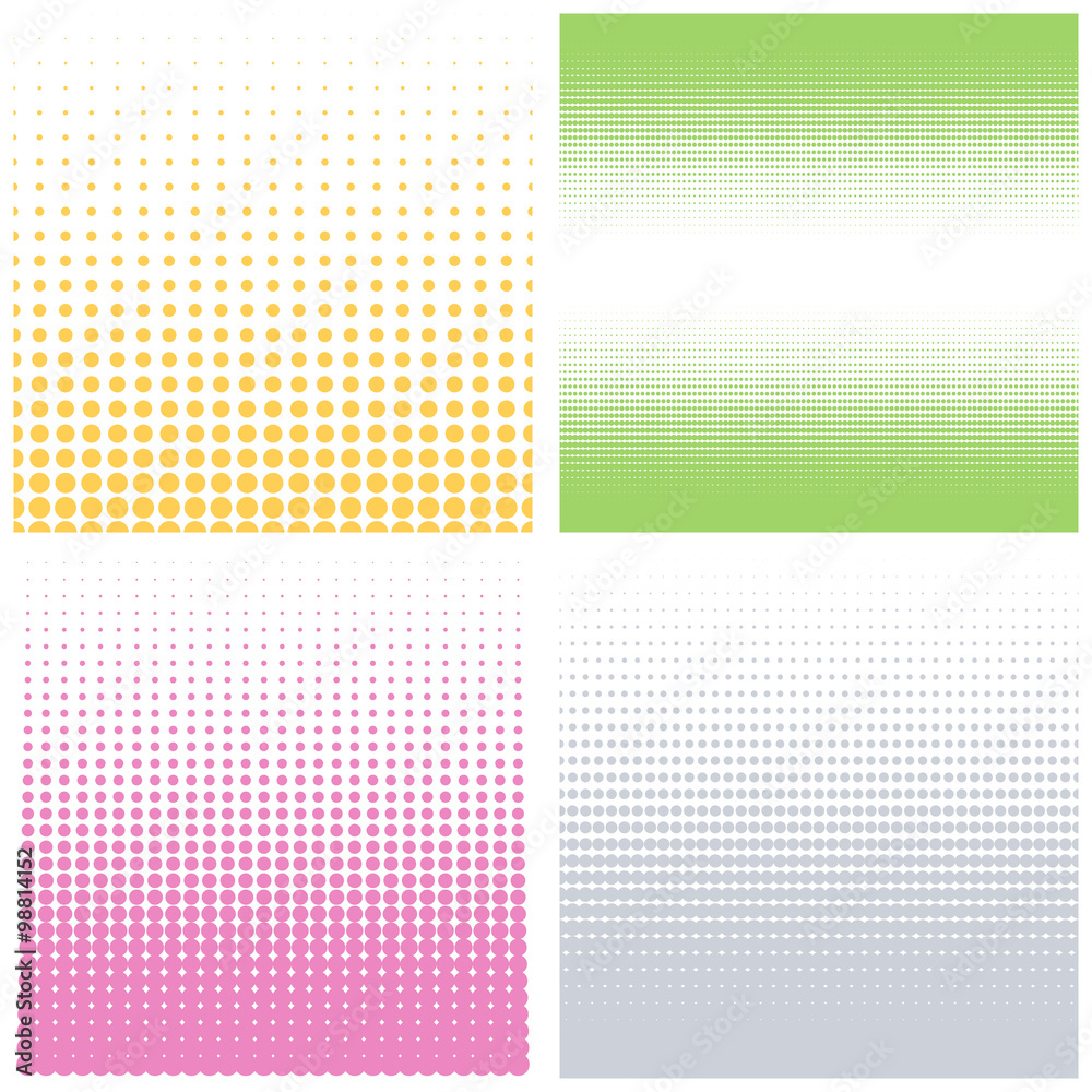 Poster Vector halftone dots. Set of color halftone dotted backgrounds.