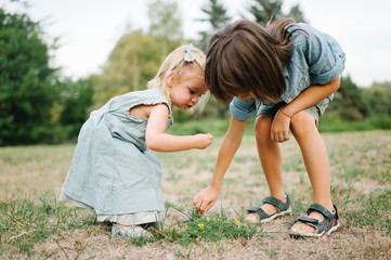 Fototapeta premium Cute portrait of young brother and sister playing in the park on grass
