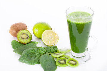 Vitamin bomb, healthy green smootie, white background