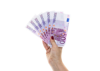 hand holding 500 euro money isolated on white background