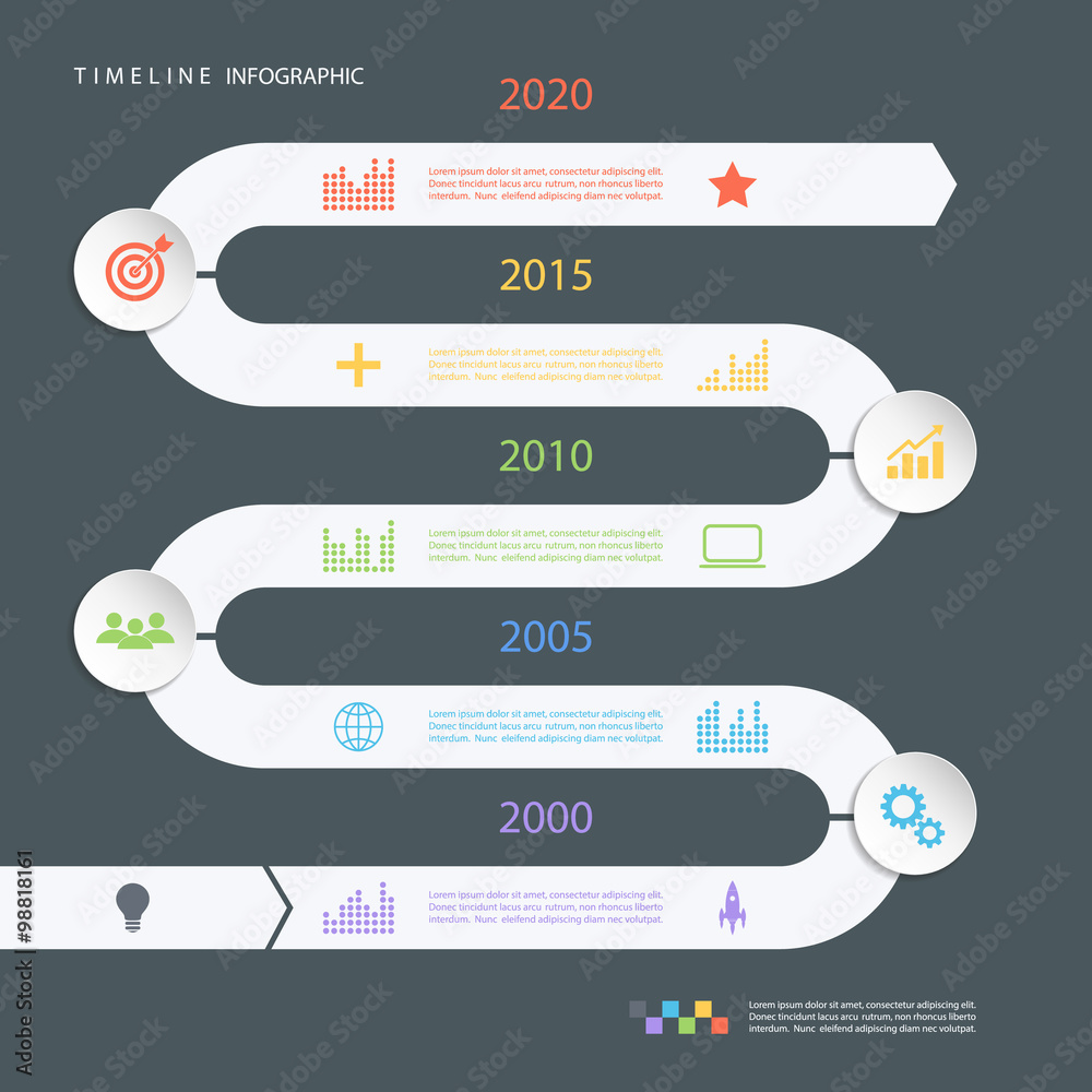 Poster Road timeline infographic design template with color icons. Vector illustration for workflow layout, diagram, number options, web design.
