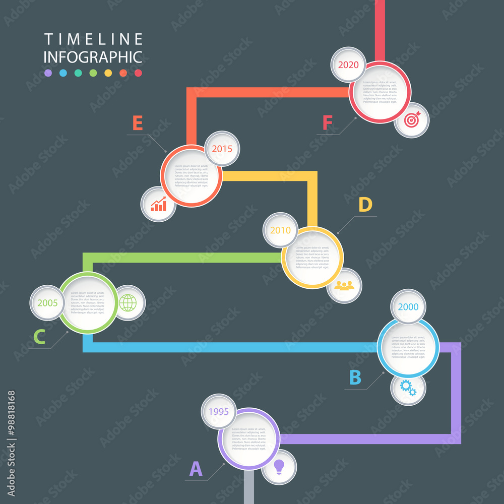 Poster Timeline infographic design template with color icons. Vector illustration for workflow layout, diagram, number options, web design.