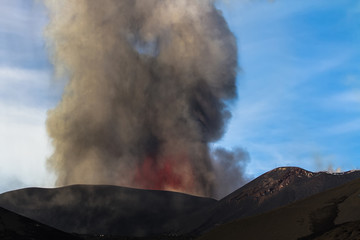 Volcano eruption. Mount Etna erupting from the crater Voragine
