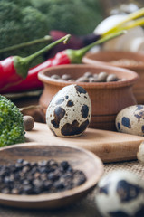 quail eggs, chile, garlic, onions, broccoli, coriander, mushroom