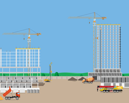 Heavy machinery at a construction site building high-rise building. Industrial cranes. Vector illustration