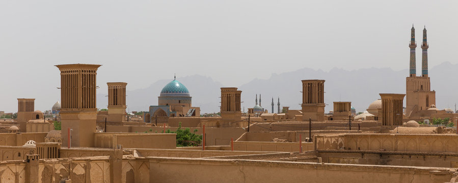 Panoramic view of badgirs and mosques of Yazd, Iran