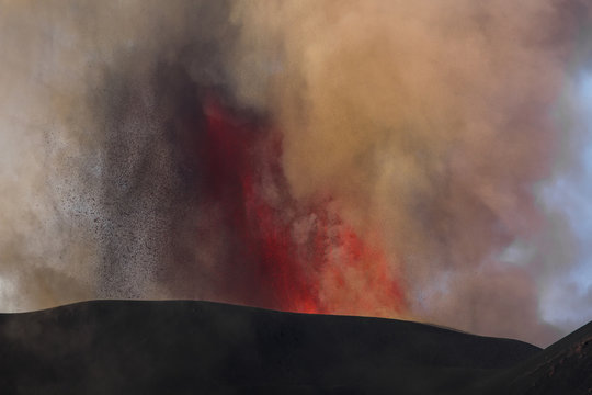 Volcano Eruption. Mount Etna Erupting From The Crater Voragine
