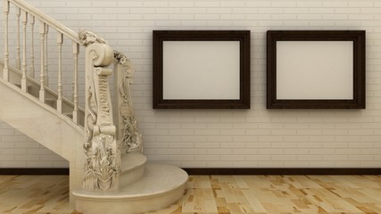 Empty picture frames in classic interior background with stairs on the decorative brick wall with wooden floor. Copy space image. 3d render
