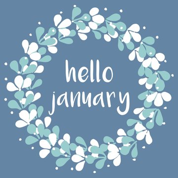 Hello january winter watercolor wreath vector card