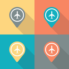 Aircraft or airplane pin icon. Airport map pointer. Vector illustration.