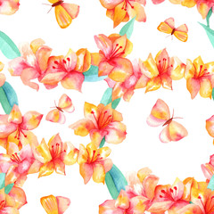 Watercolor peruvian lilies and butterflies seamless background pattern