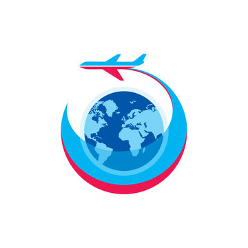 Airplane - vector logo sign concept illustration. Airplane silhouette, globe and stripes - vector illustration. Aircraft logo for transportation or travel company. Design elements.