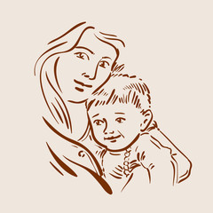 Hand drawn sketch young mother and child. Vector illustration