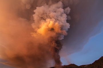 Volcano eruption. Mount Etna erupting from the crater Voragine
