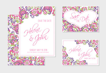 Set of wedding, invitation or anniversary cards with colorful floral background