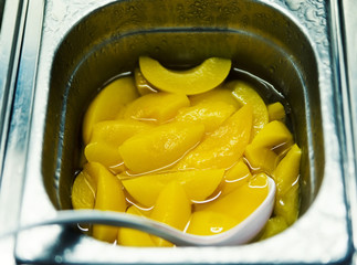 A closeup Peach halves in light syrup