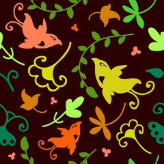 Cute doodle seamless floral ornament with birds