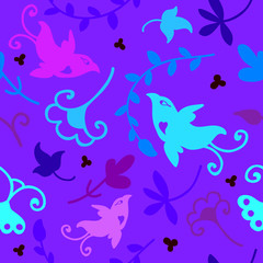 Cute doodle seamless floral ornament with birds