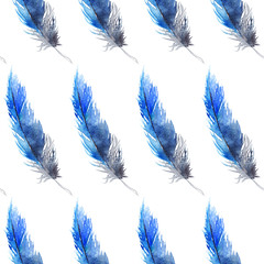 Watercolor black blue jay feather seamless pattern texture background