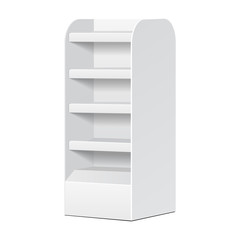 White POS POI Cardboard Blank Empty Displays With Shelves Products On White Background Isolated. Ready For Your Design. Product Packing. Vector EPS10 