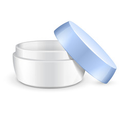 Opened Empty Cream, Gel Or Powder, Light White Blue Jar Can Cap Bottle. Blank On White Background Isolated. Ready For Your Design. Product Packing Vector EPS10