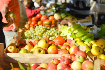 Picture of fresh fruits and vegetables at market in boxes