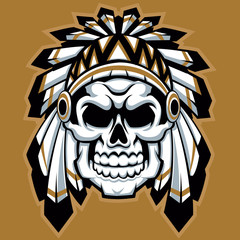 skull indian chief with feather hat