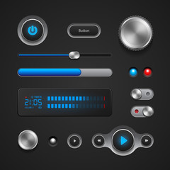 Hi-End User Interface Elements: Buttons, Switchers, On, Off, Player, Audio, Video: Play, Stop, Next, Pause, Volume, Equalizer, Power, Screen, Track 