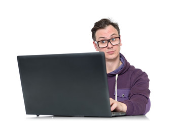 Programmer with laptop isolated on white background