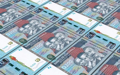 Guatemalan quetzal bills stacks background. Computer generated 3D photo rendering.