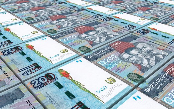 Guatemalan quetzal bills stacks background. Computer generated 3D photo rendering.
