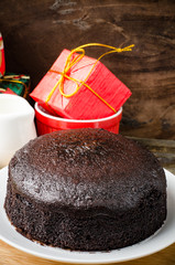 Homemade dark chocolate cake on plate