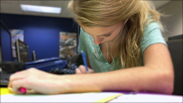 Girl working on her homework in a computer lab.
